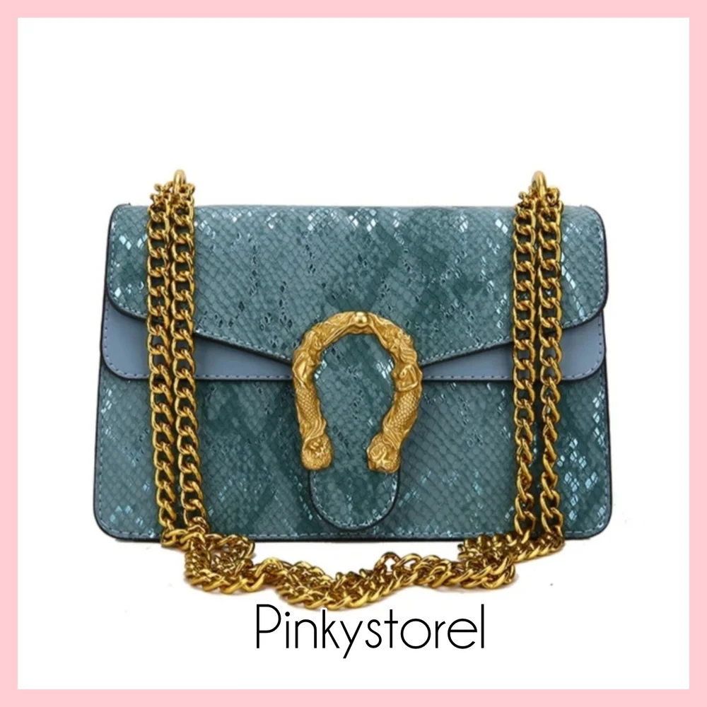 Teal Snake-Embossed Chain Shoulder Bag - Picture 3 of 6